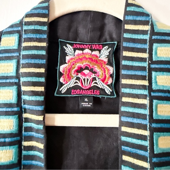 Johnny Was Celina Linen Kimono Coat Jacket Black Peacock Embroidered Size XL - Picture 4 of 11